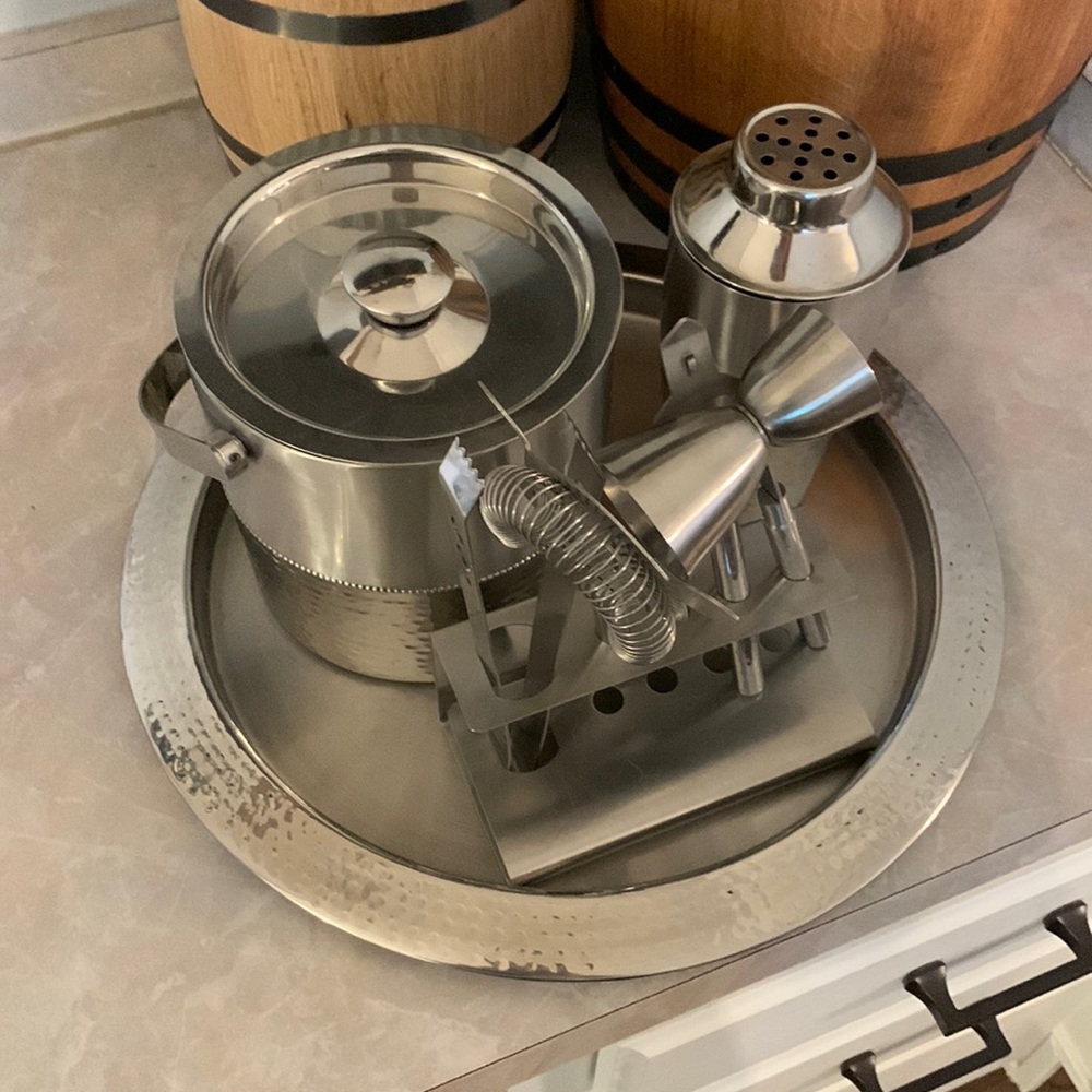 Stainless steel bar serving set. Never used other than as decor.
